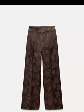 Zara Dark Brown Floral Jacquard Wide-Leg Trousers